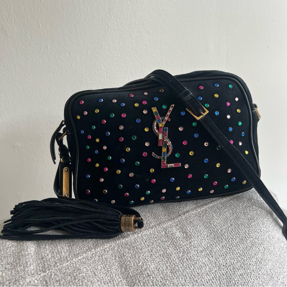 YSL // Suede Crystal Embossed Camera Tassel Crossbody Bag Black 2018